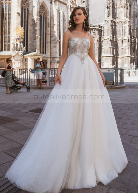 Thin Straps Ivory Beaded Tulle Luxury Wedding Dress